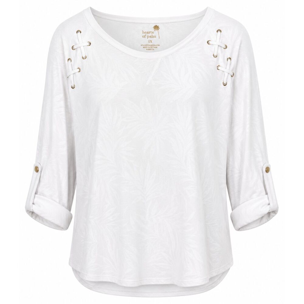 Hearts of Palm Women’s White Tropical Print Lace Up Top 1X